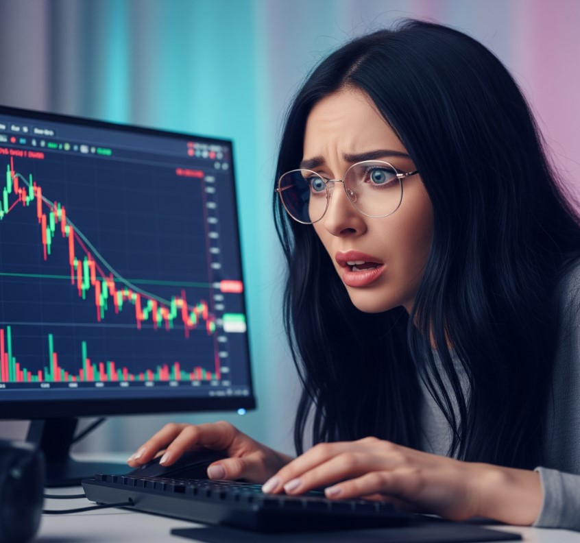 Trader overwhelmed by multiple screens showing charts and trades