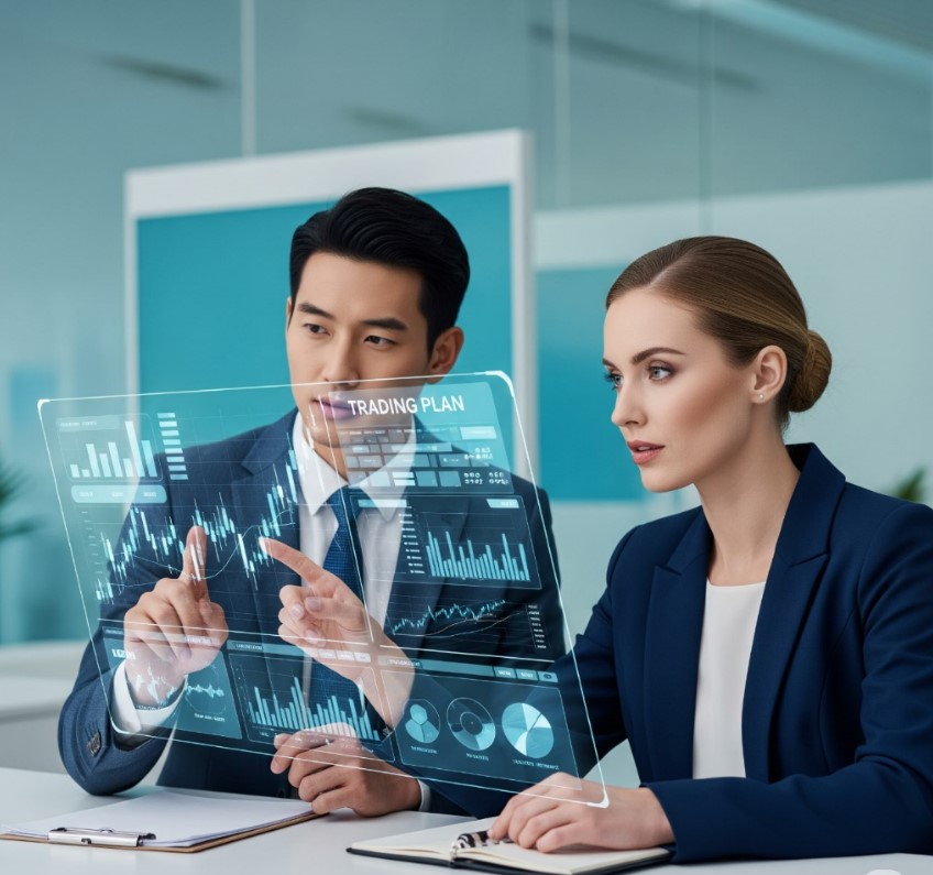 Trader planning strategy with multiple monitors and notes