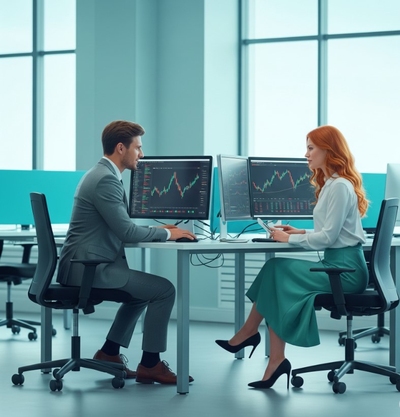 Advanced trader managing risk with multiple monitors and tools