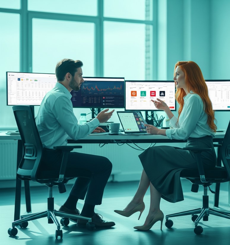 Trader comparing forex brokers on multiple screens